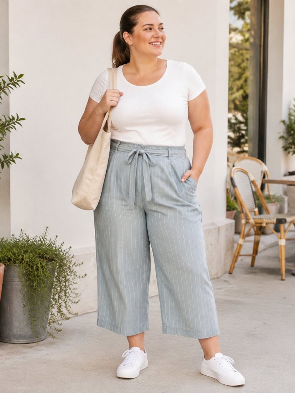 NEW Joe Fresh 100% Cotton Blue Pinstripe Cropped Capri Pants with Belt 18W